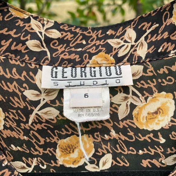 Georgiou Women's Black Tan Floral Print Long Sleeve Button Down Blouse Size 6. E - Picture 2 of 5